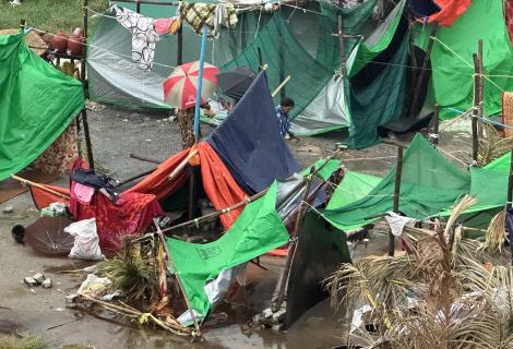 Temporary shelters made of tarpaulin have been destroyed by heavy rains in earthquake-hit Myanmar 