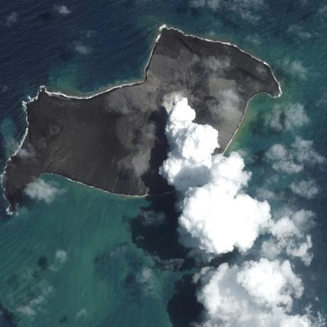 A satellite image of the Hunga Tonga Hunga Ha'apai volcano in Tonga, provided by Maxar Technologies