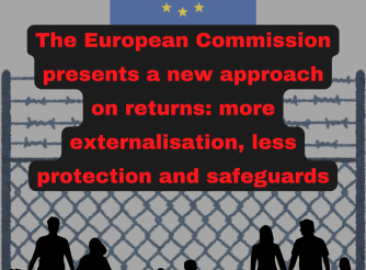 Image showing the EU flag behind a barbed wired fence where there are people on the other side.